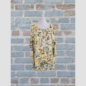 Catherines 3X WP Peek a Boo Sleeves Fairycore Botanical Print Yellow and Green